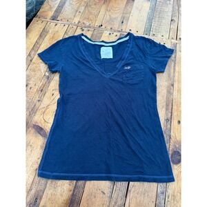 Y2K Hollister V Neck Cotton Chest Pocket Logo Womens M Navy Casual Minimalist